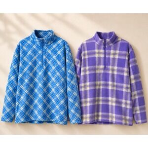 (2) Crossroads Women's plaid fleece quarter-zip pullover - Blue and Purple